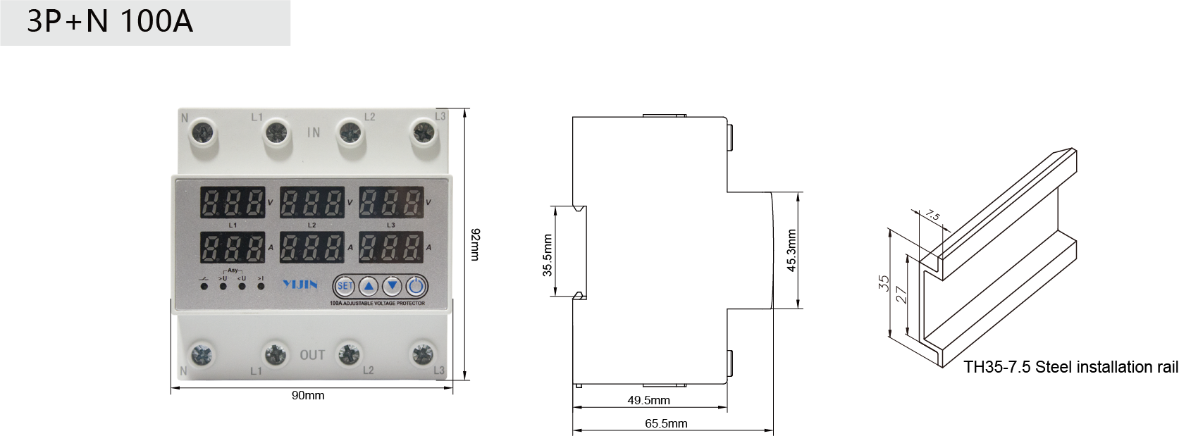 YJQGA-100 3P+N Self resetting Overvoltage and Overcurrent Protector