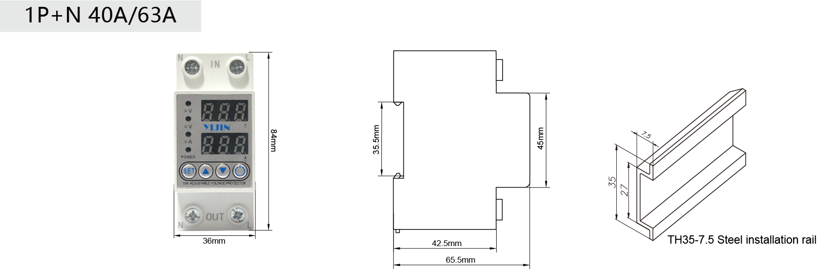 YJQGA-100 1P+N Self resetting Overvoltage and Overcurrent Protector