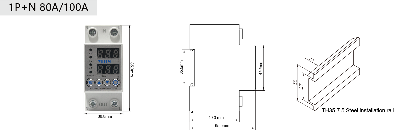YJQGA-100 1P+N Self resetting Overvoltage and Overcurrent Protector