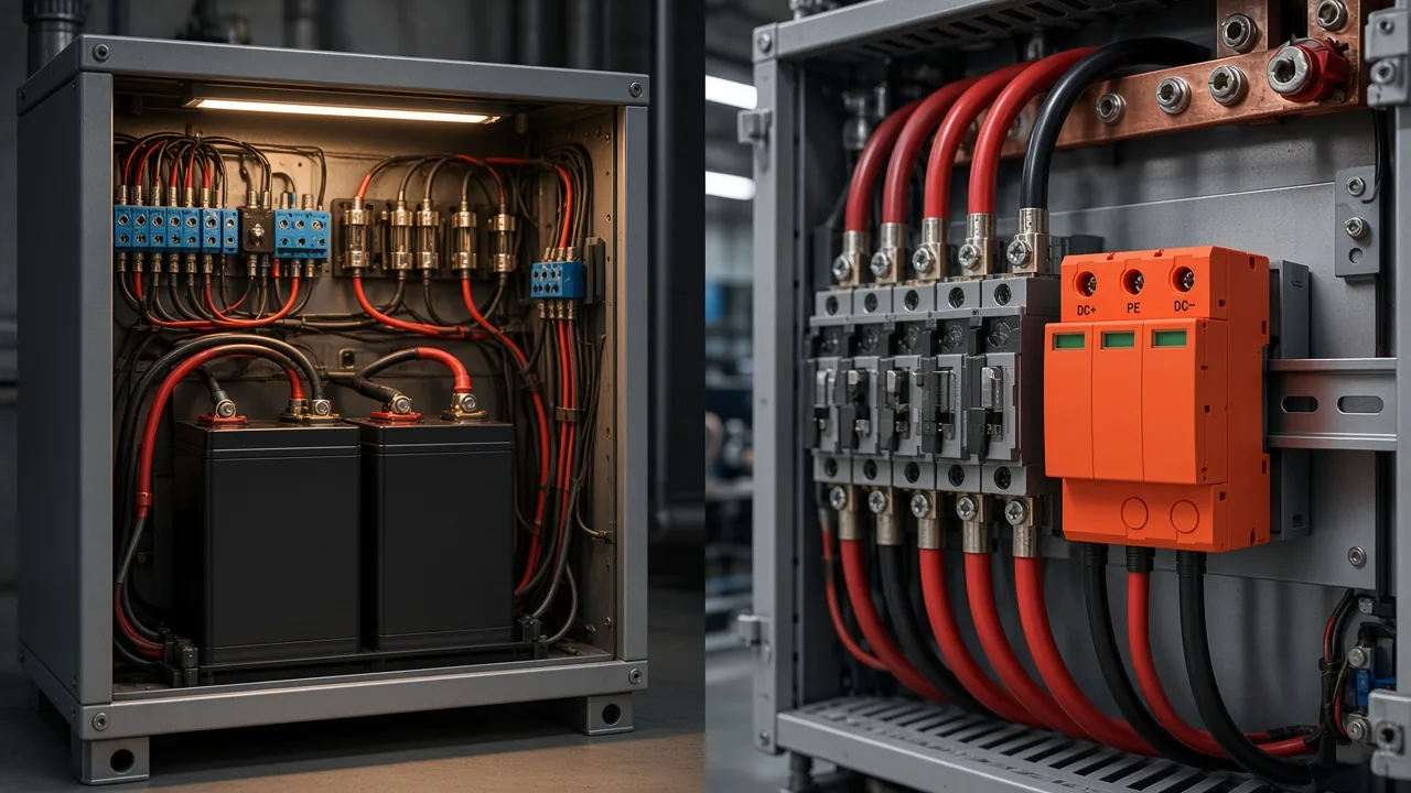 Contrast between 12V battery control enclosure and PV high-voltage DC panel with SPD
