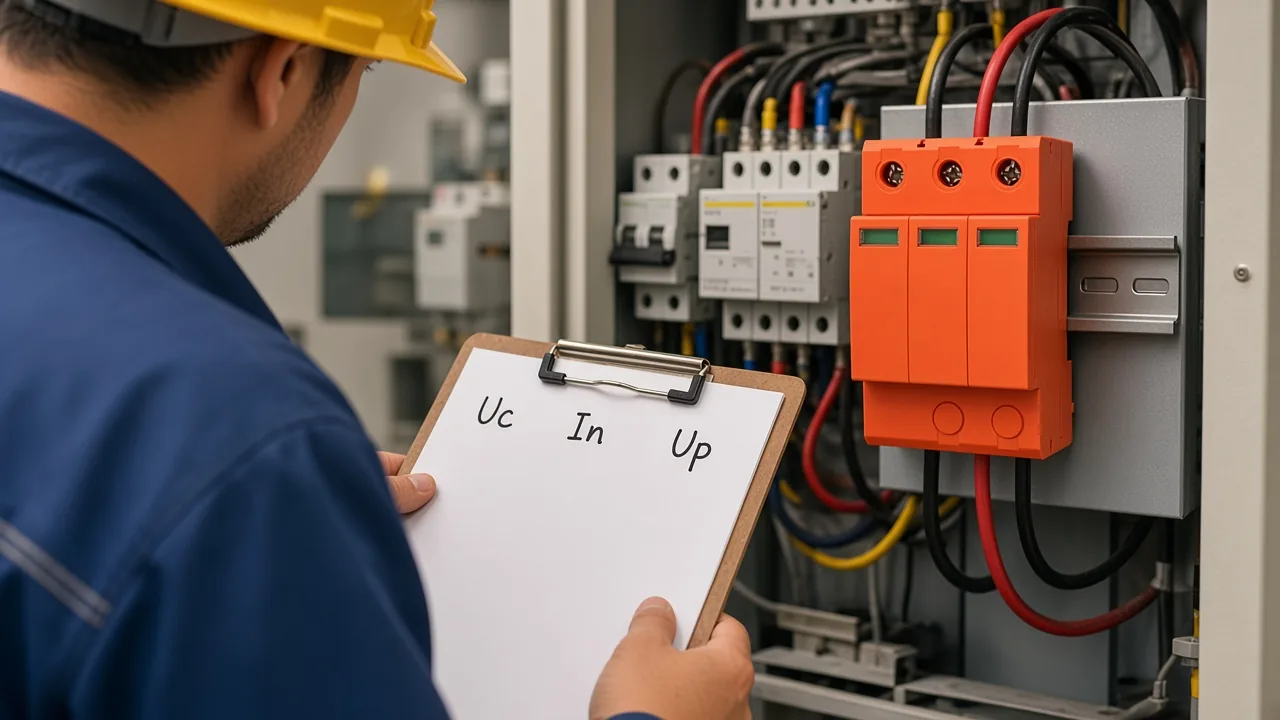 Engineer checking Uc In Up notes beside DIN-rail DC surge protector