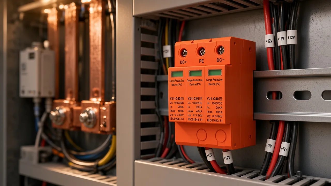 12 volt dc surge protector voltage-class featured scene with DIN-rail DC SPD in industrial panel