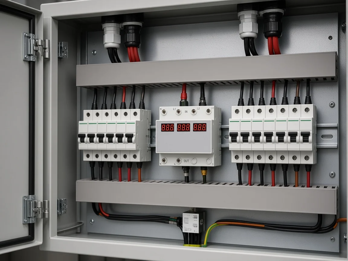 Populated distribution board with two incoming feeds and the conversion switch on the rail