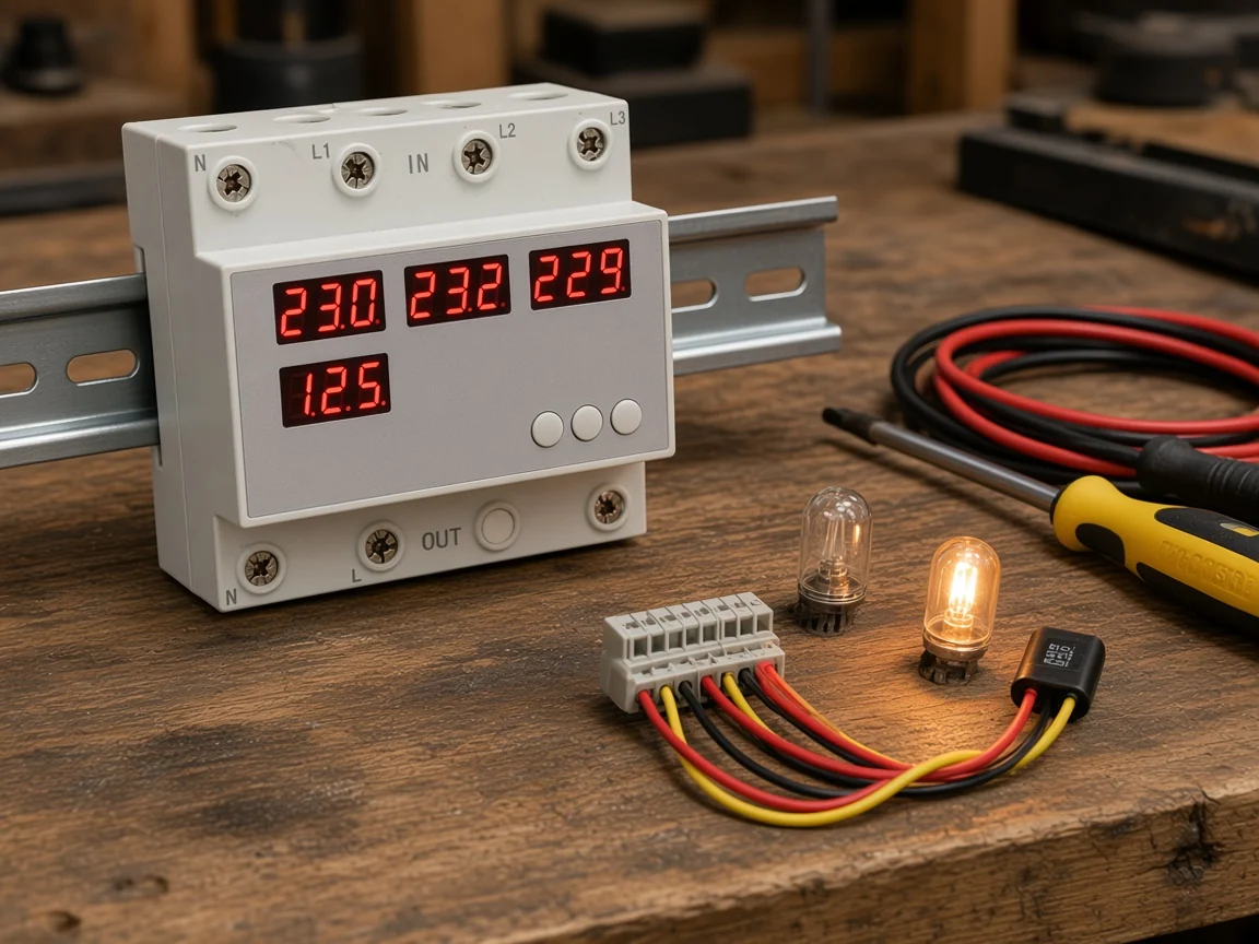 Bench setup with a DIN-rail module, two indicator lamps and a capacitor test harness