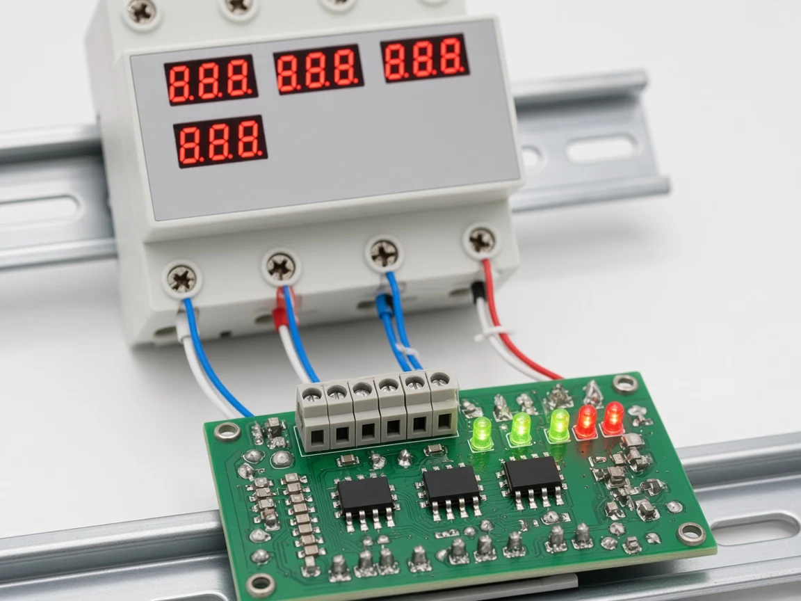 Detection module wired through a terminal block to an isolated control board with status LEDs