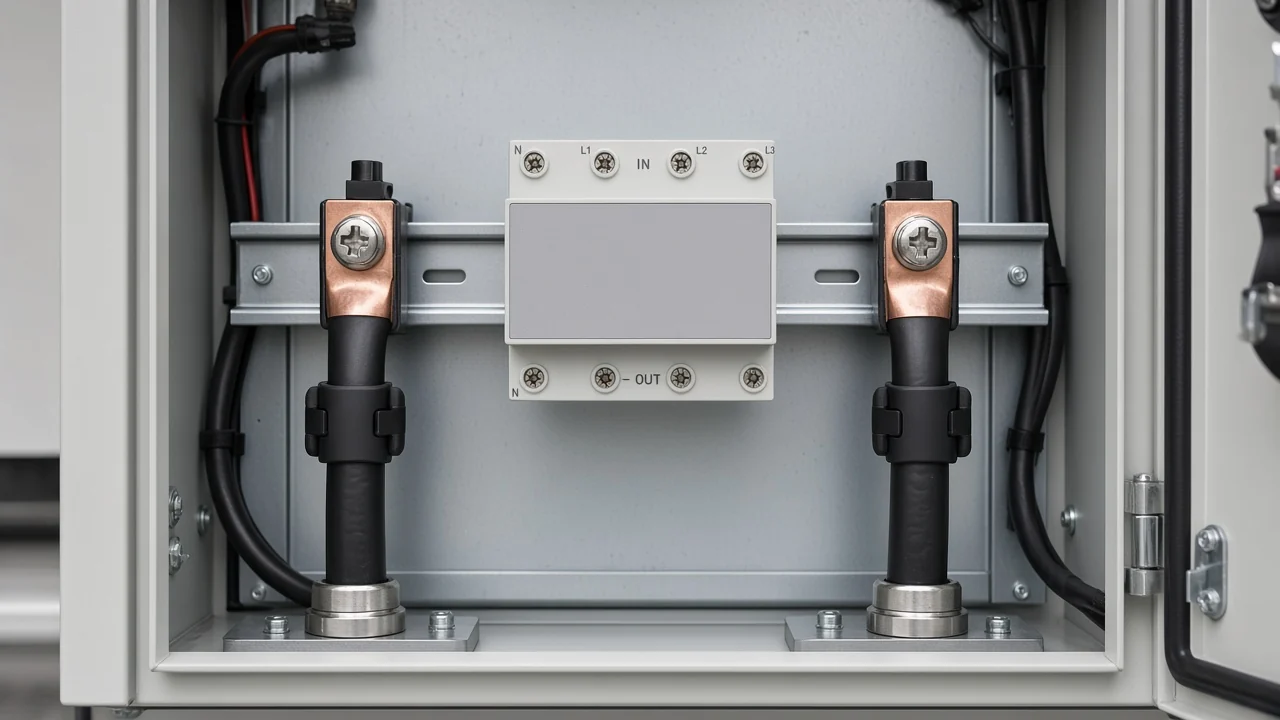 Open distribution enclosure with two separate armoured feeds landing either side of a rail-mounted switch