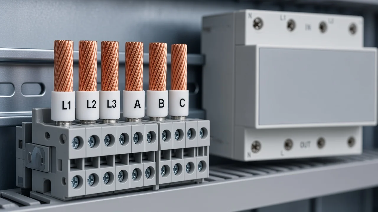 Six stranded conductors in a terminal block, three ferrules marked L1, L2 and L3 beside three marked A, B and C