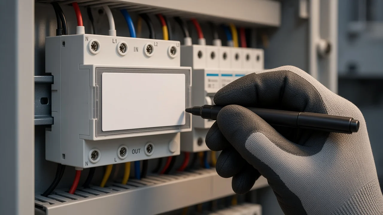 Gloved hand with a marker at the blank slide-in label strip on the front of a rail-mounted switch