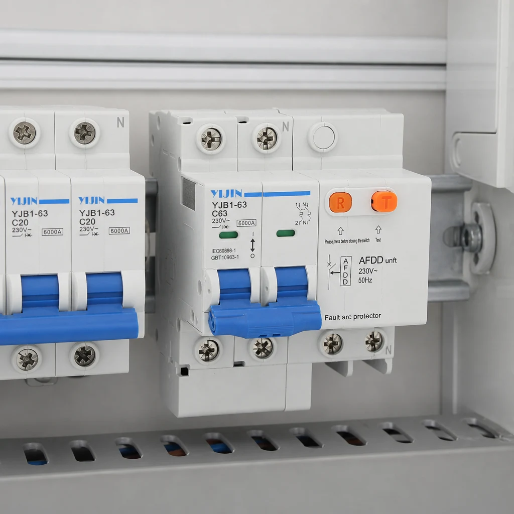 Architecture view of DIN-rail AFDD-style breaker body and terminals