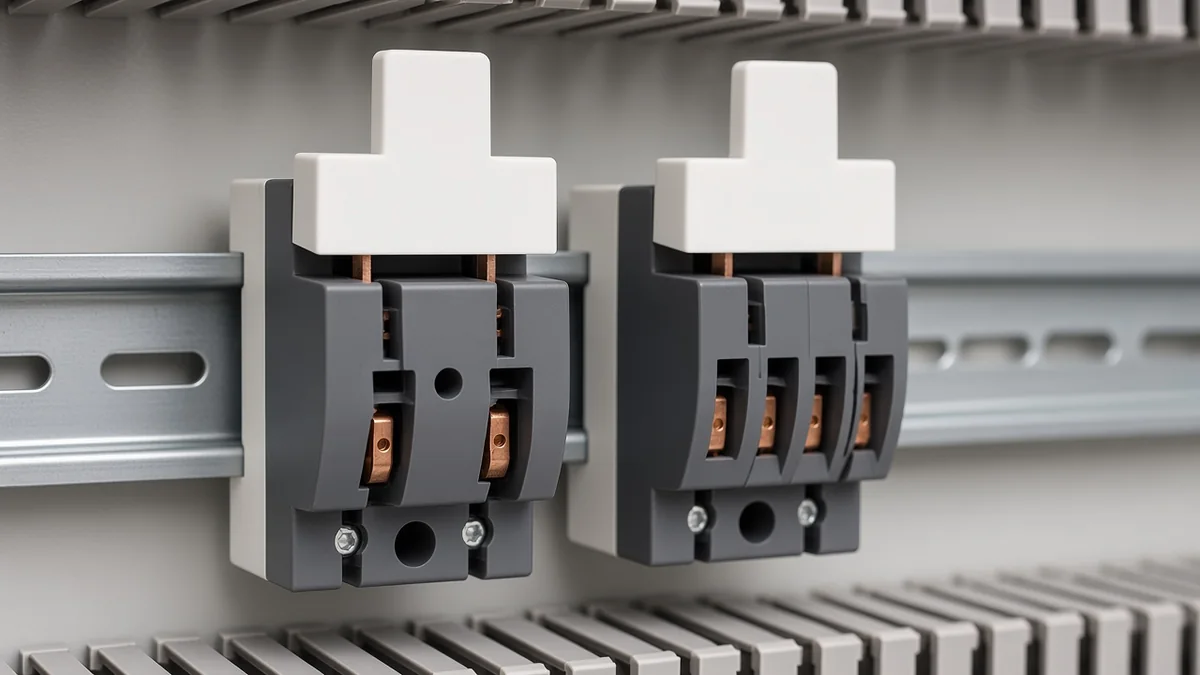 Narrow two-pole and wider four-pole isolating blocks side by side on one DIN rail