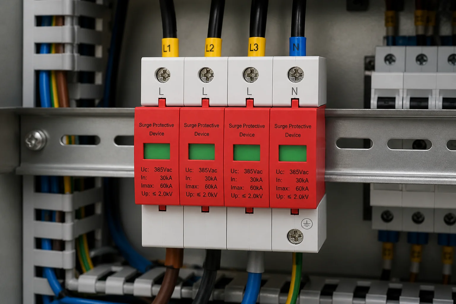Class II DIN-rail SPD family modules on a distribution rail