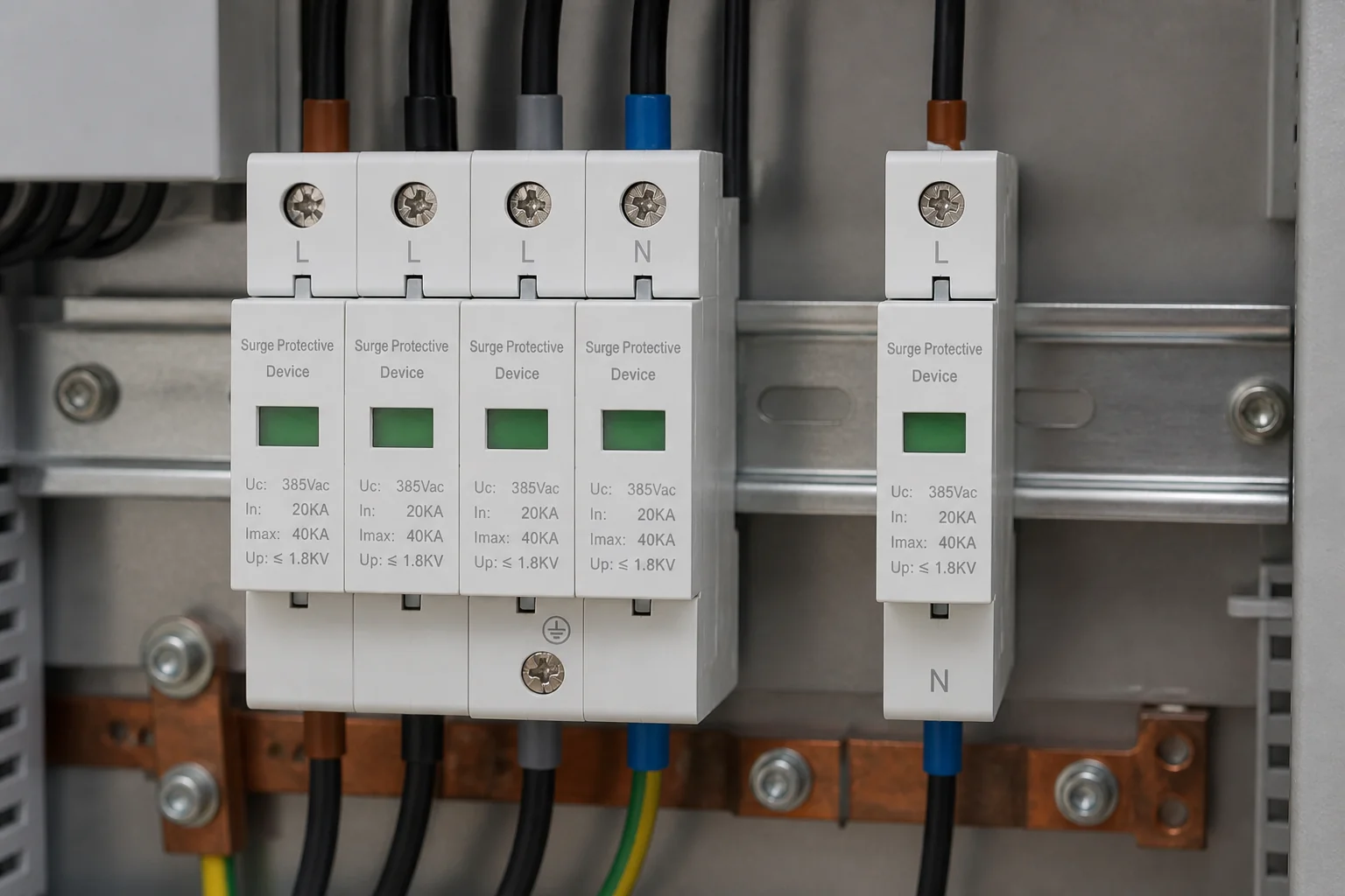 Multi-pole DIN-rail SPD modules beside a narrower single module