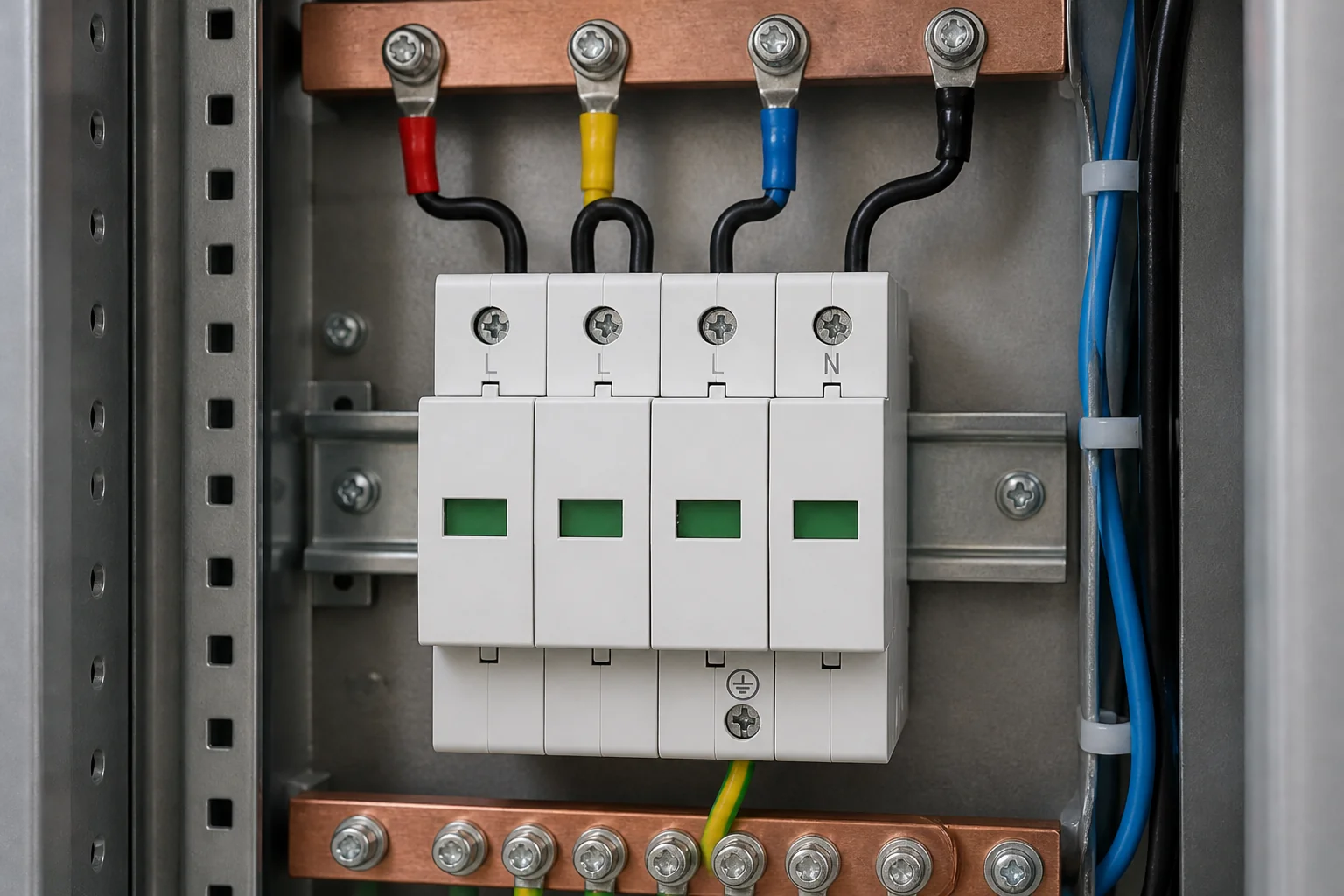 Short SPD lead routing toward nearby busbars in a three-phase panel