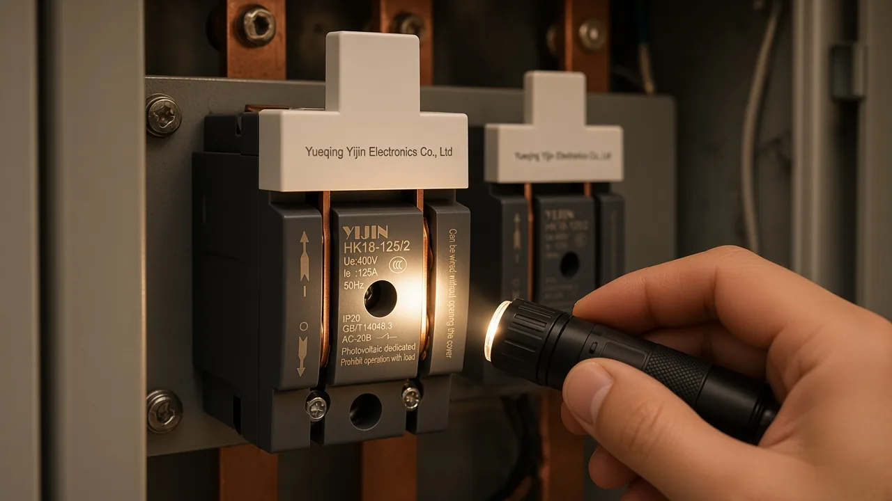 Checking the HK18-125 face markings on a knife isolator inside a panel