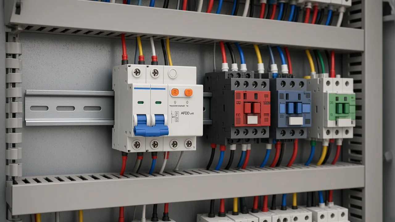 DIN-rail AFDD-class modules mounted in a distribution enclosure