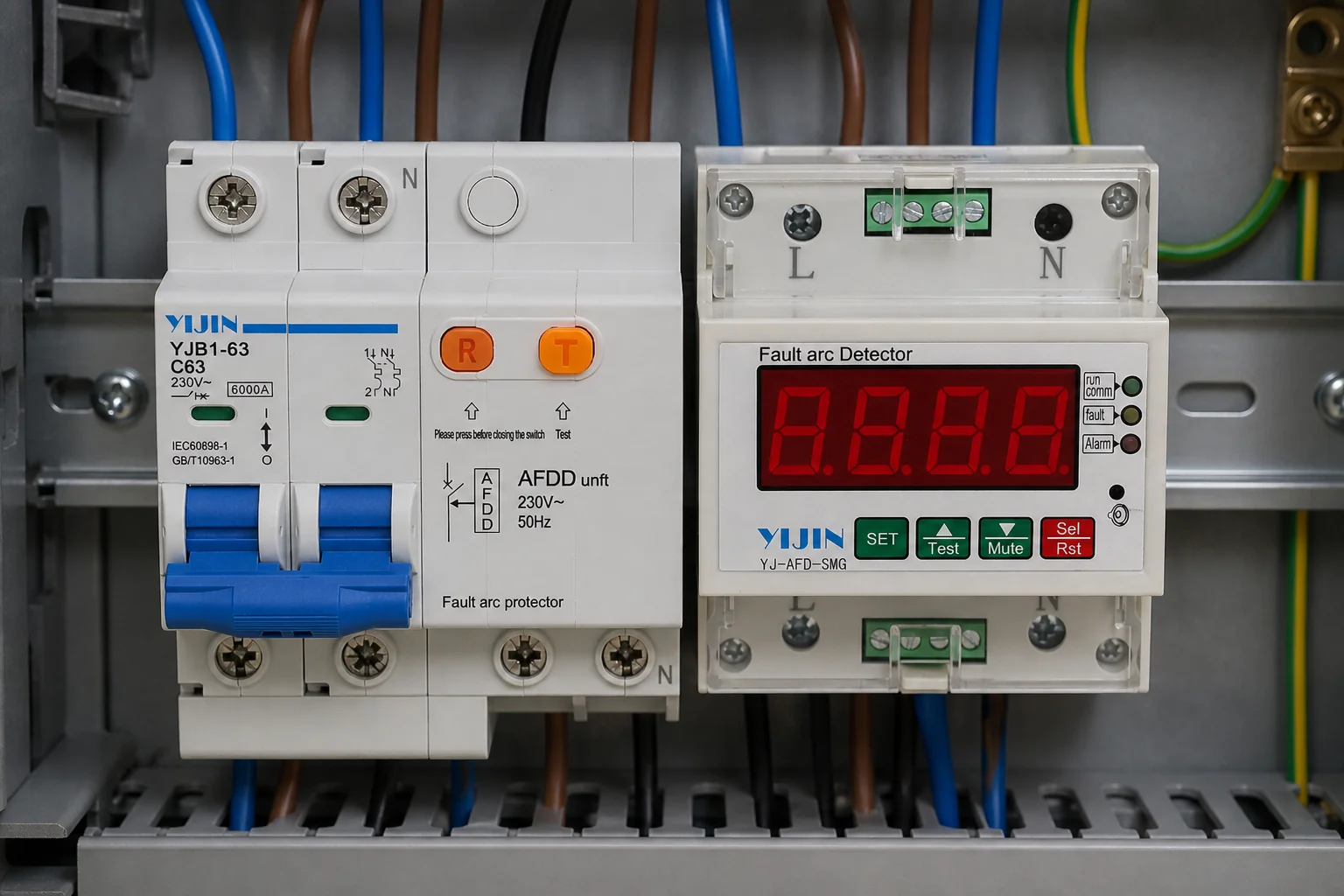 DIN-rail AFDD-family modules illustrating product-family variants