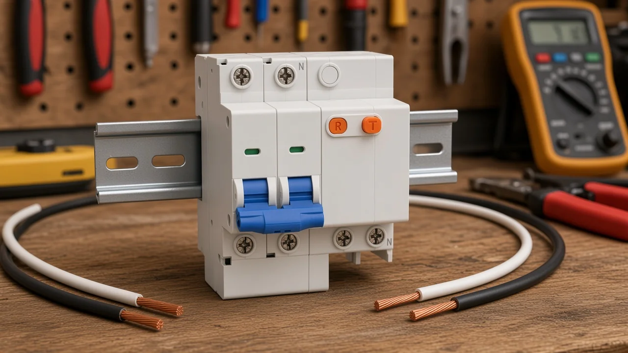 Neutral and hot conductors staged beside a DIN-rail arc-fault breaker for wiring readiness