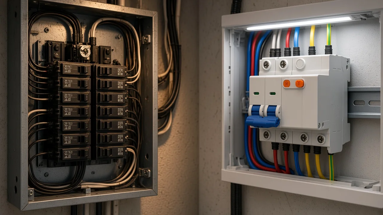 Side-by-side US load-center path versus DIN-rail AFD distribution path