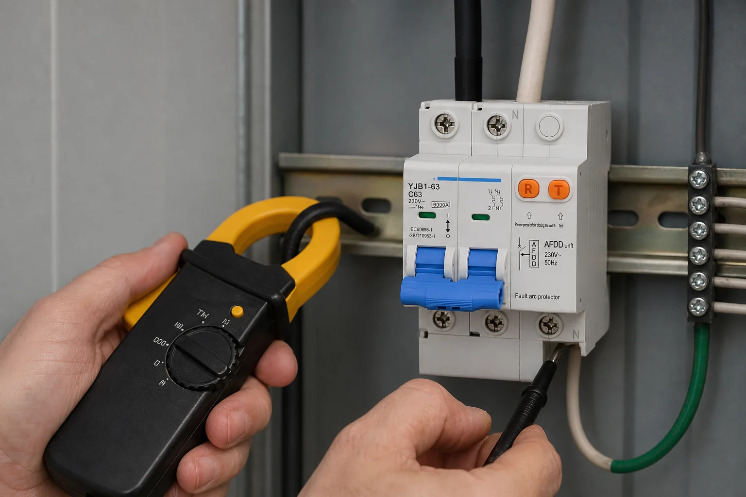 Close-up sensing scene with DIN-rail AFCI breaker and hot/neutral conductors