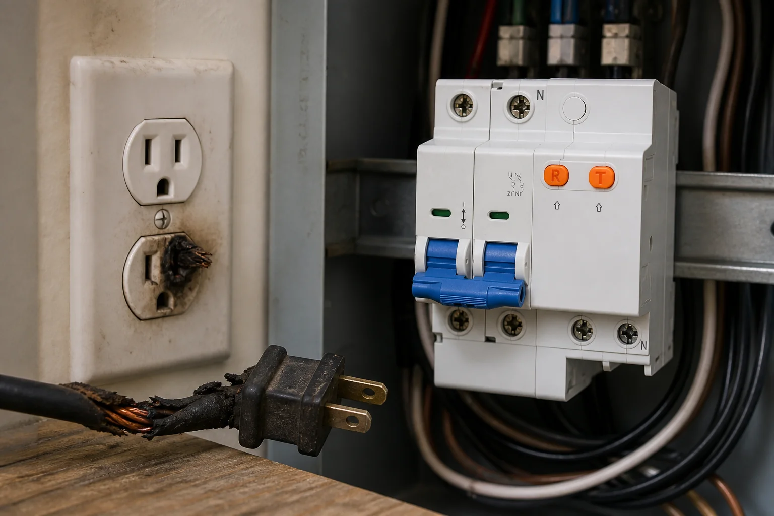 Scene suggesting damaged cord and loose outlet near an arc-fault breaker