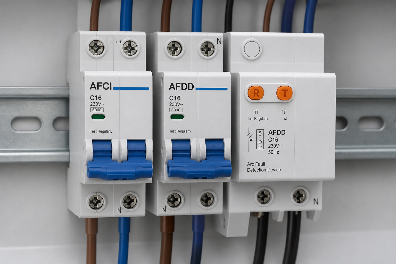 DIN-rail AFDD modules illustrating AFCI vs AFDD naming context