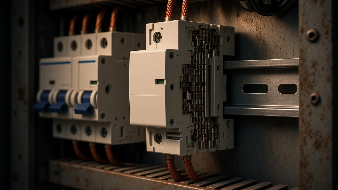 DC miniature breaker in a panel context suggesting polarity marks and arc-handling hardware