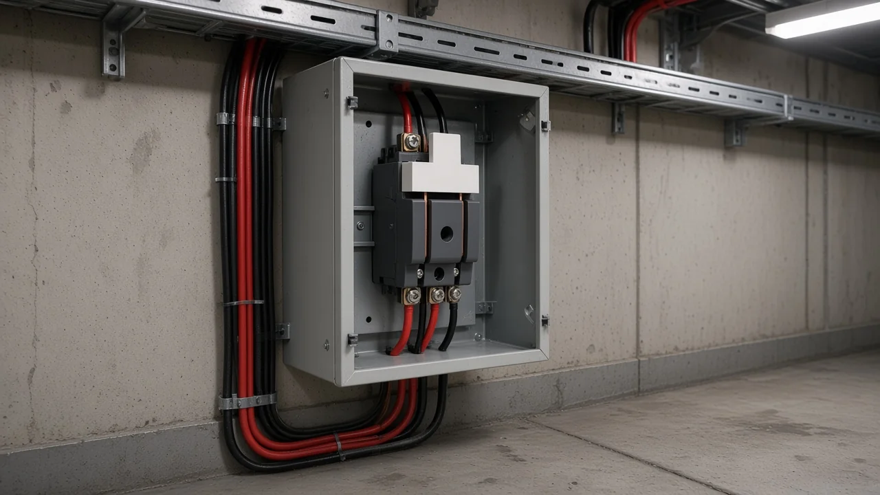 Array conductors entering a covered enclosure at a solar DC isolation point