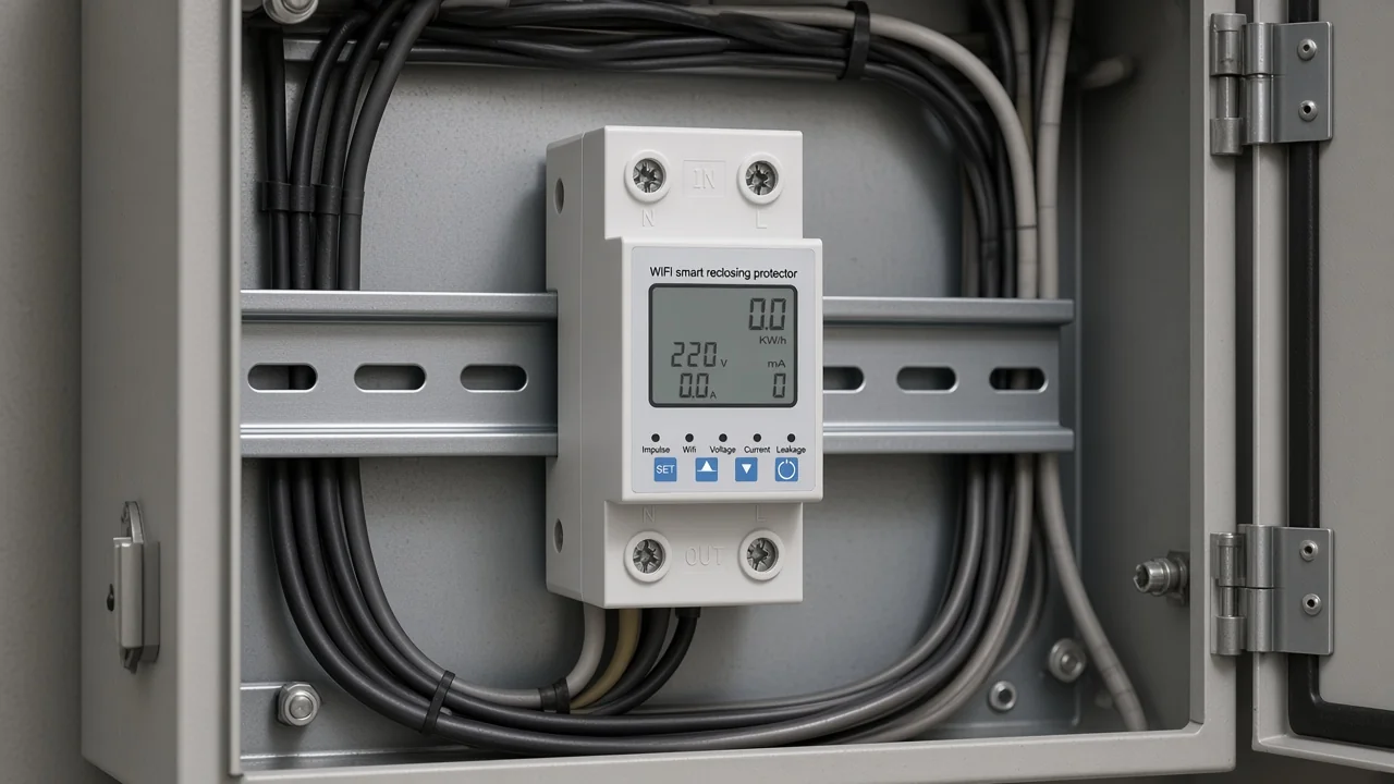 WiFi smart reclosing protector installed on DIN rail in a distribution enclosure