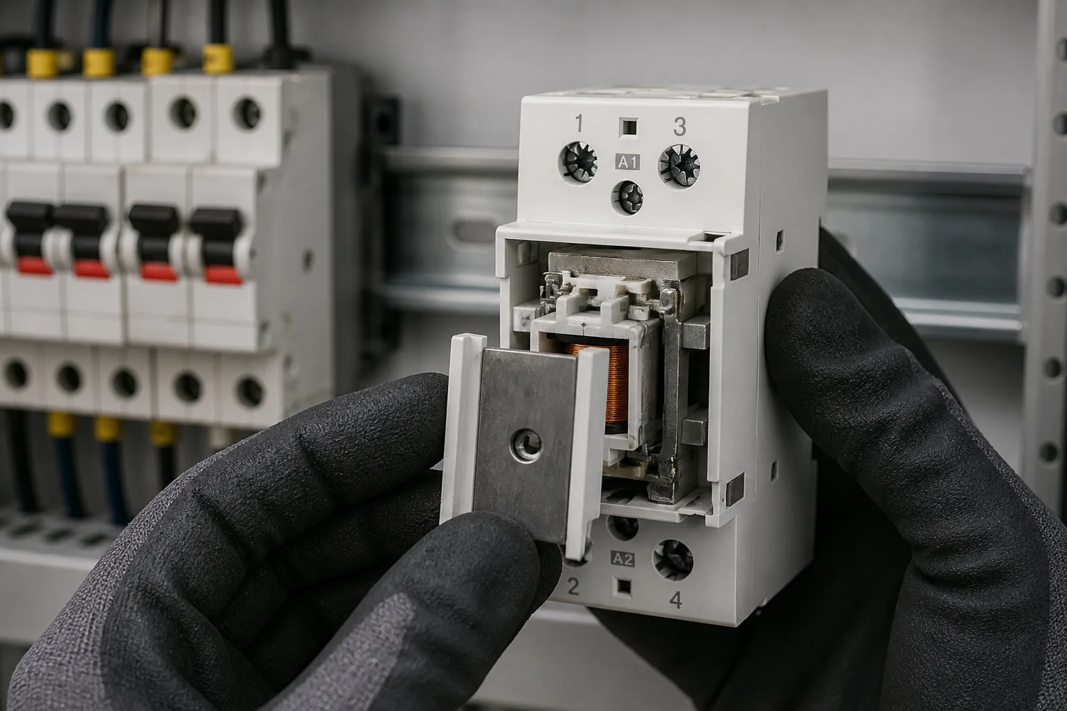 Inspecting a modular AC contactor for burnt coil or armature bind