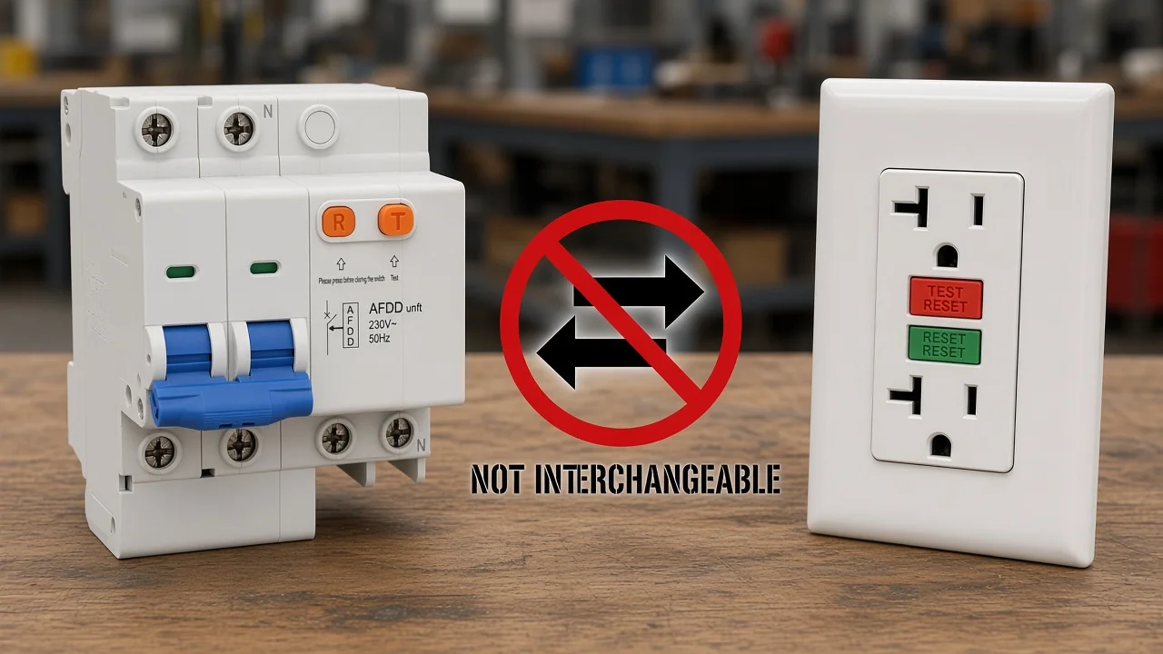 Scene showing AFCI and bathroom GFCI are not interchangeable