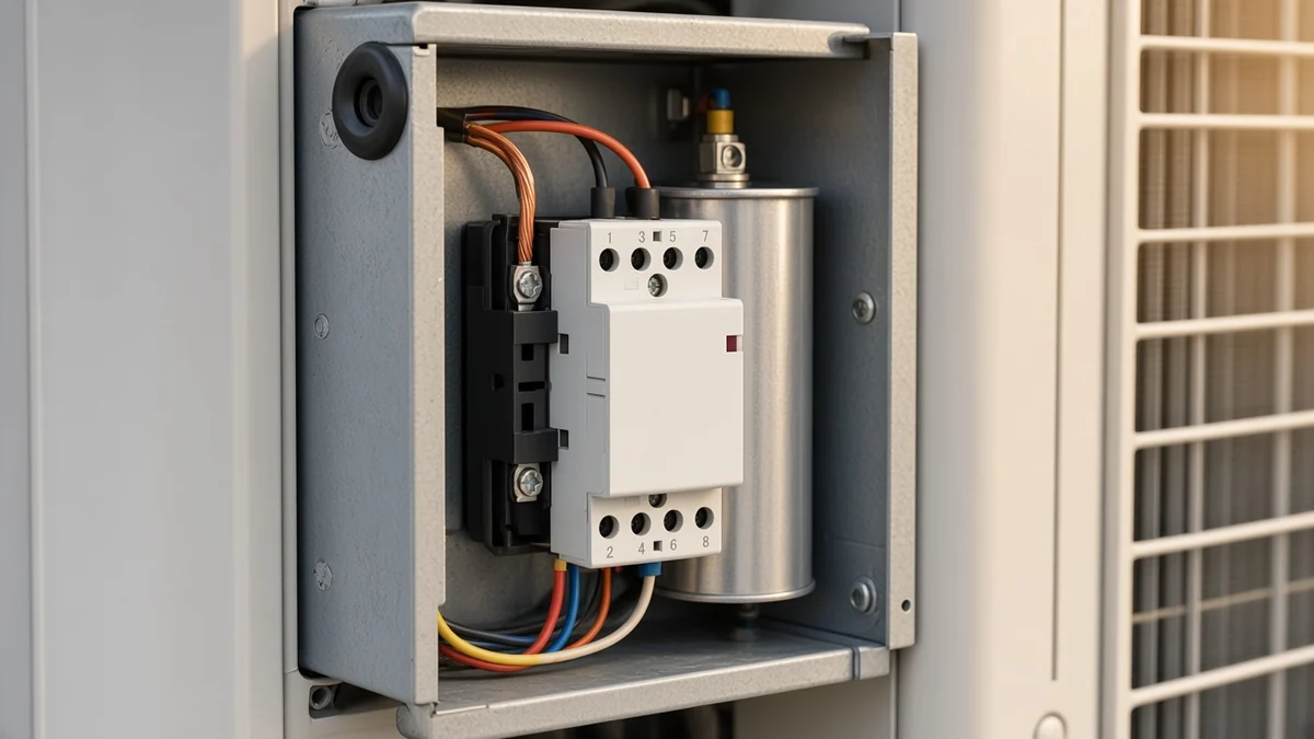 Modular contactor and run capacitor in the opened control compartment of an outdoor condenser unit