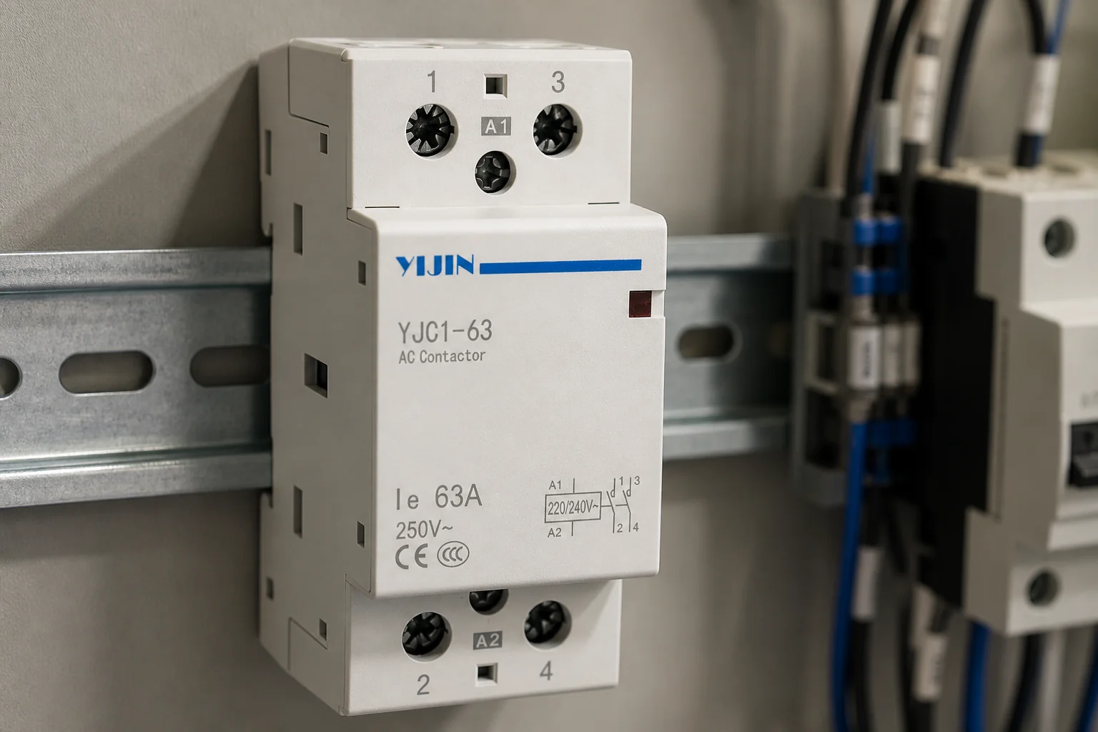 Modular AC Contactor visual inspection scene on DIN rail