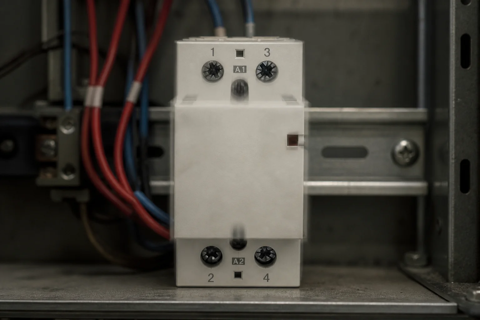 Modular AC contactor chatter scenario on DIN rail with control wiring