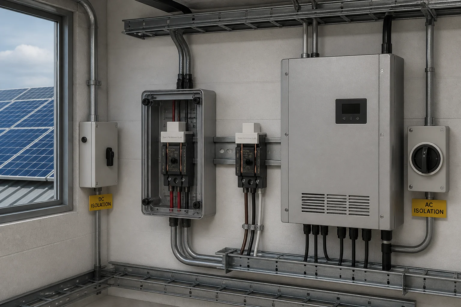 Protected bay showing DC-side and AC-side isolation points near inverter path