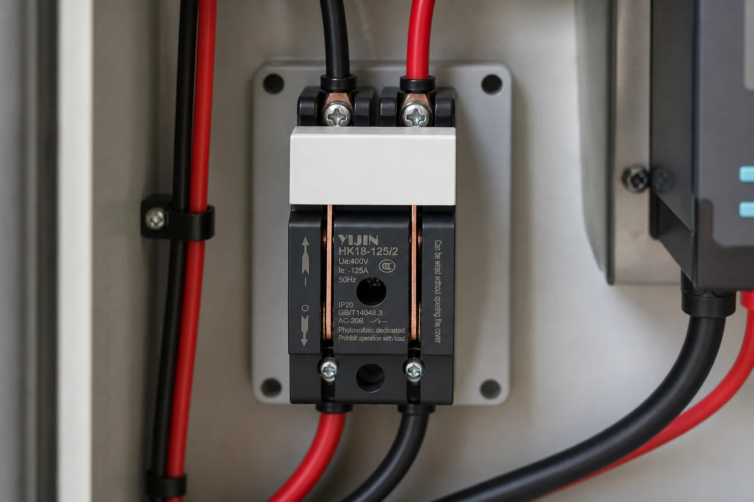 Dual-pole red and black PV conductors landed on knife isolator terminals