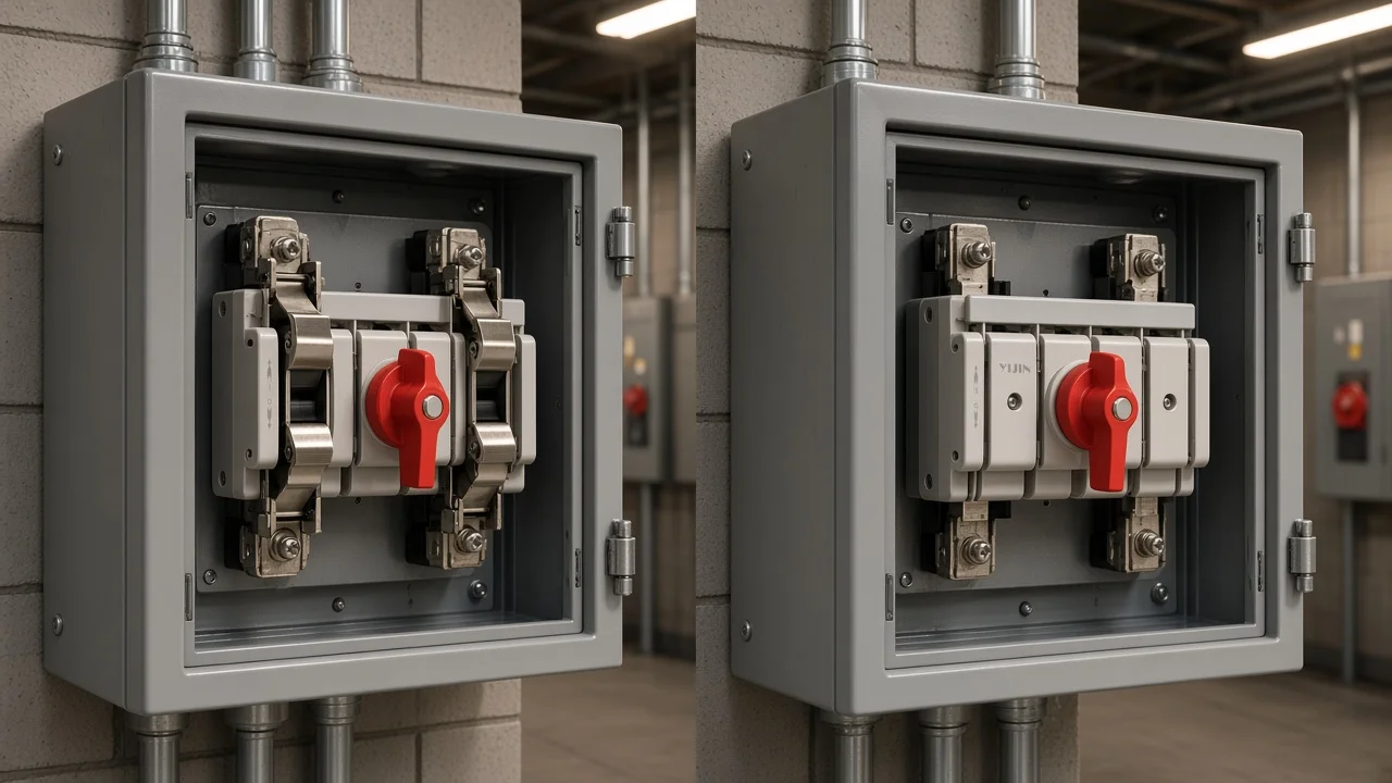 Contrast of fusible disconnect with fuse clips versus non-fusible isolation-only disconnect