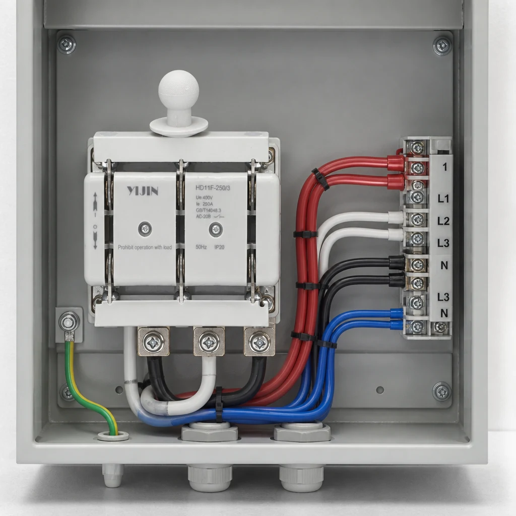 HD11F knife switch wiring and terminal layout for panel isolation