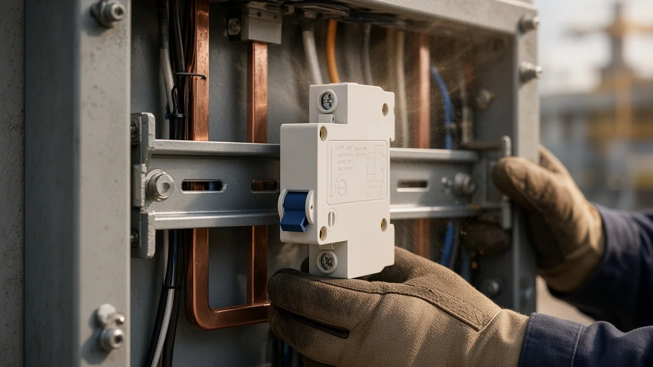 Panel scene showing a miniature breaker under load stress, highlighting holding current versus fault clearing