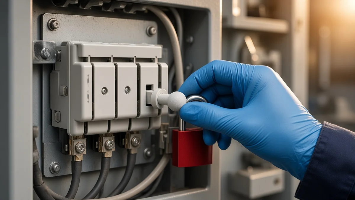 Gloved hand turning a knife isolator handle to the off position beside a padlock