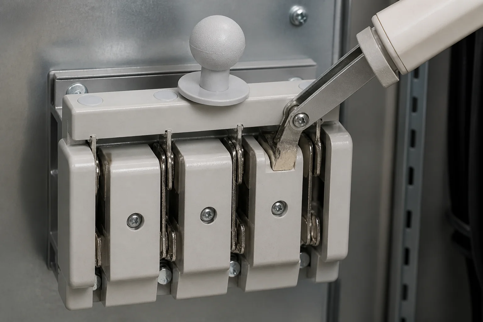Close-up of knife switch blade, hinge, and contact jaws