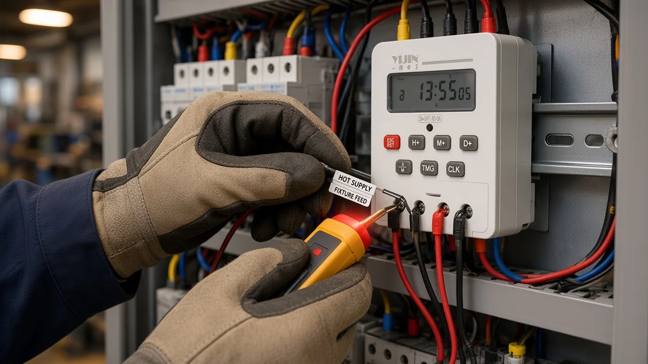 Identifying line and load beside a digital lighting timer