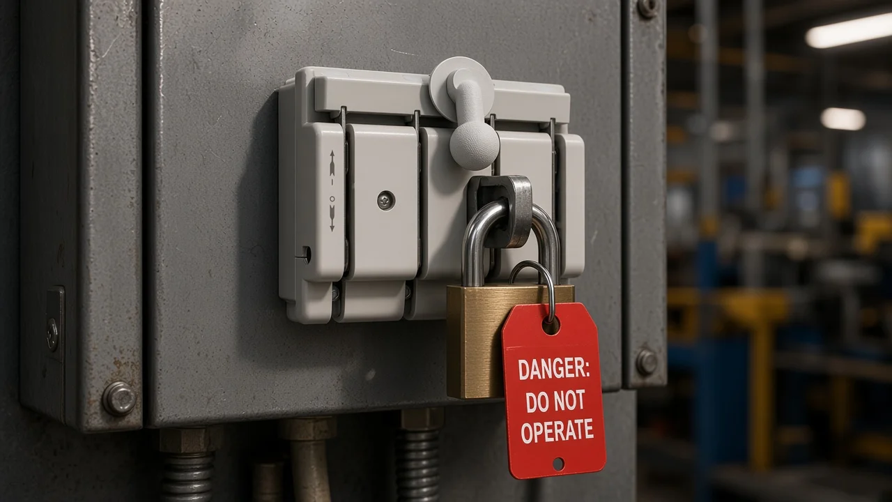 Padlocked disconnect handle locked in the OFF position for maintenance isolation