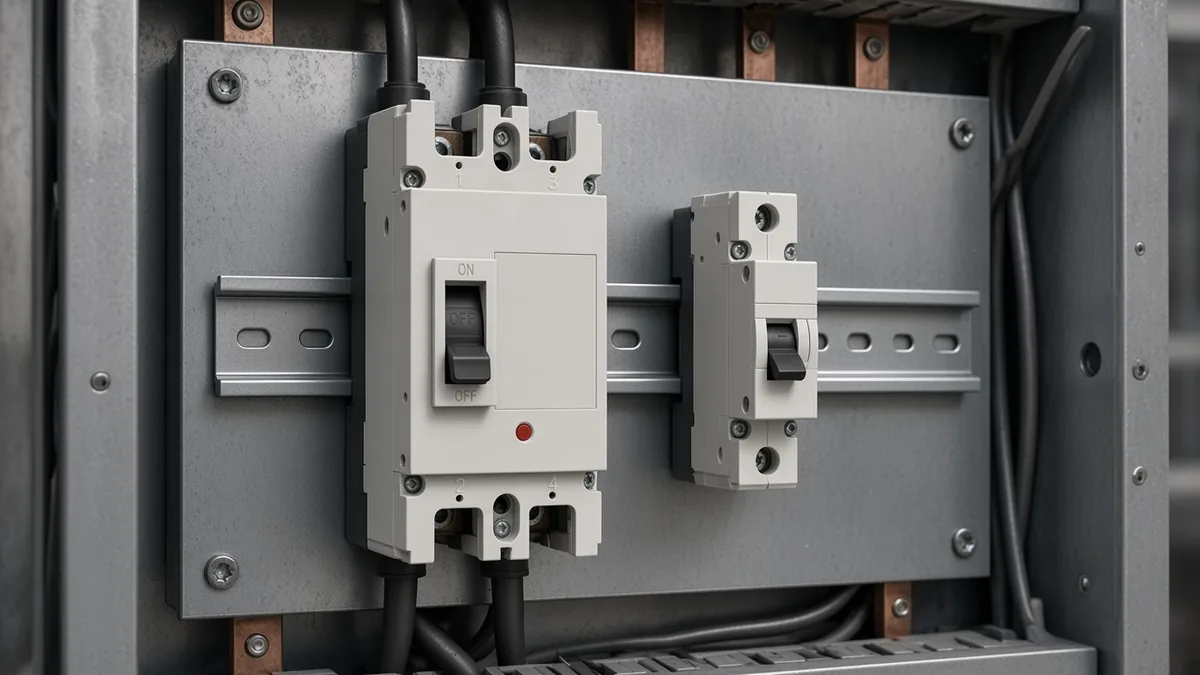 Molded-case DC breaker beside a smaller DIN-rail DC MCB showing scale difference