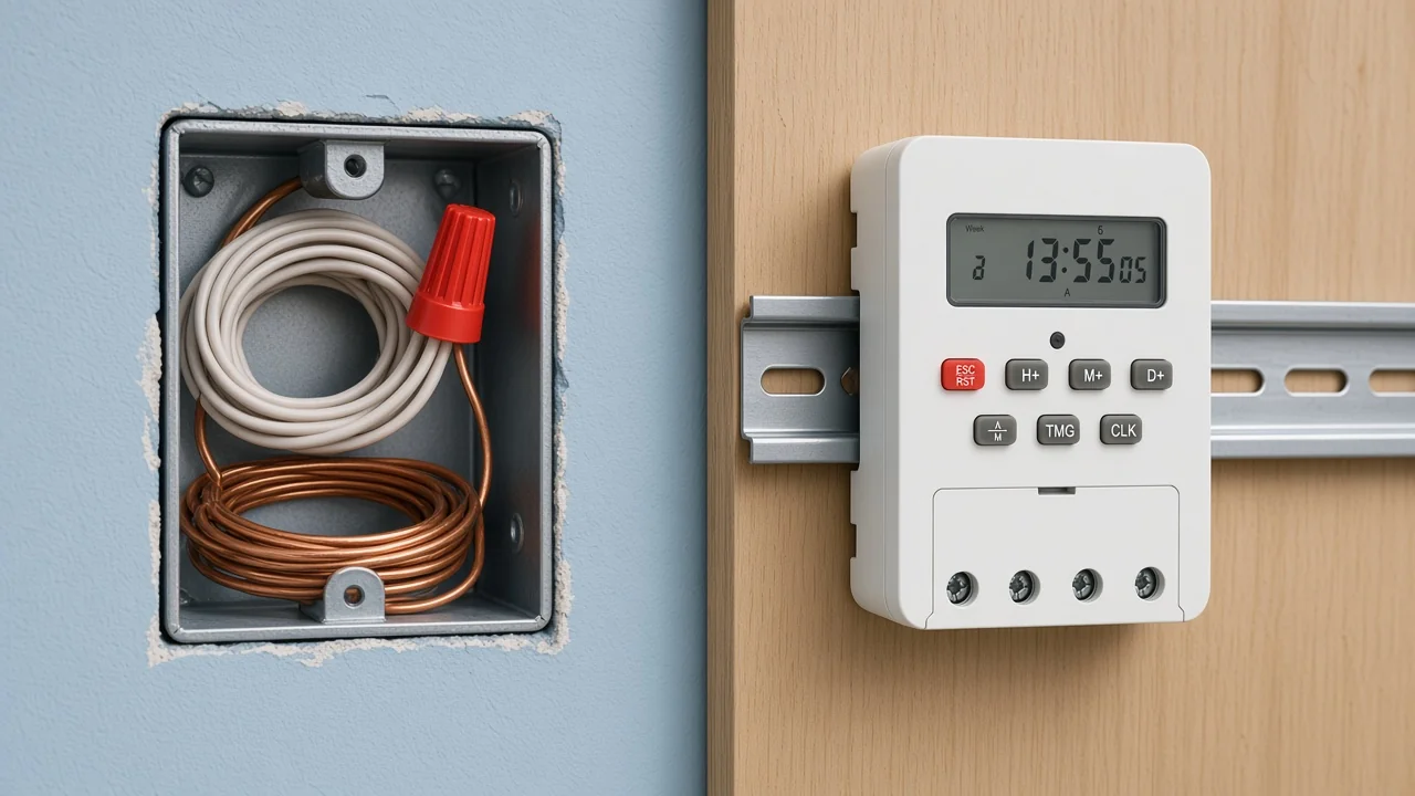 Wall-box neutrals beside a DIN-rail lighting timer