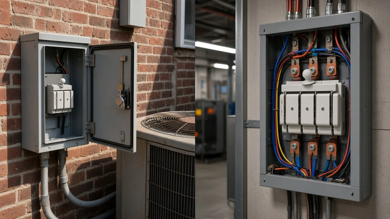 Outdoor listed safety disconnect versus indoor protected-bay knife isolator