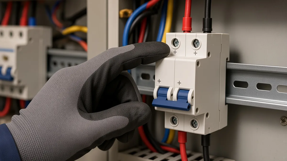 Technician checking polarity while installing a two-pole DIN DC breaker