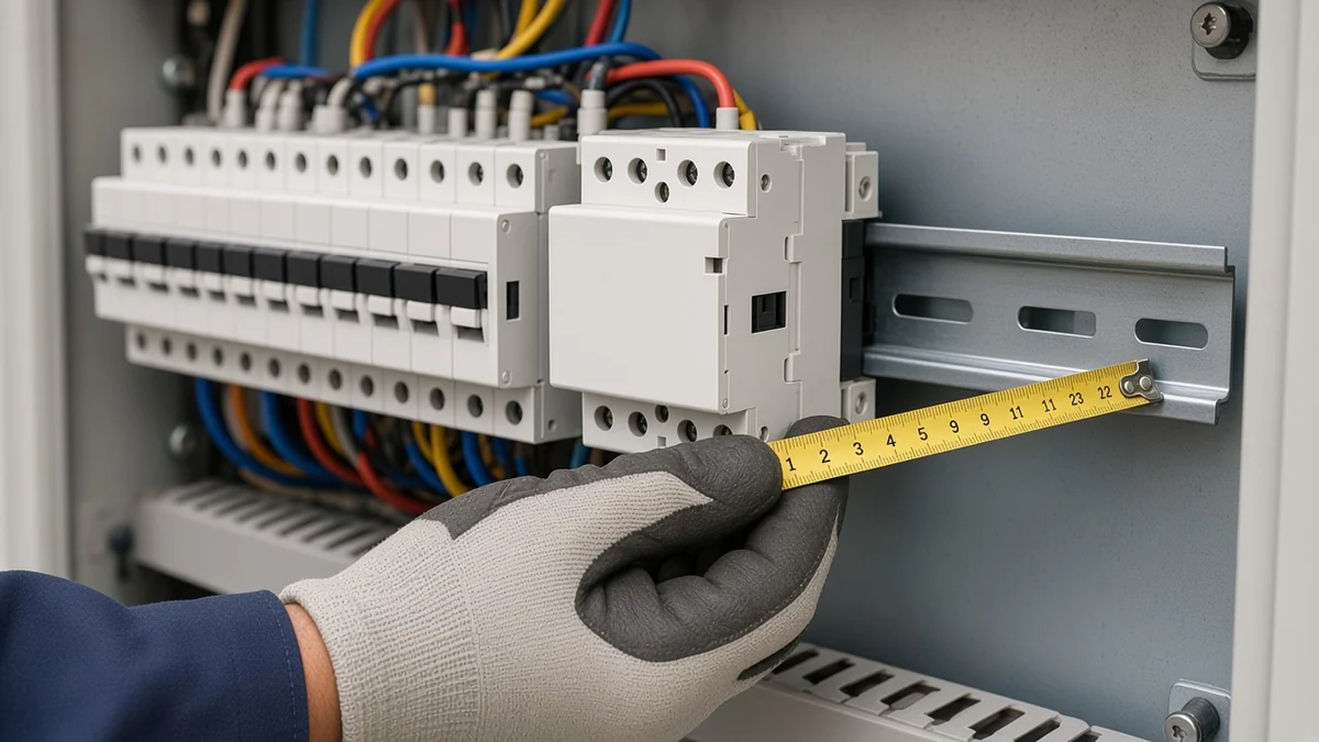 Electrician measuring the empty stretch of DIN rail left beside a multi-pole modular contactor in a full distribution board