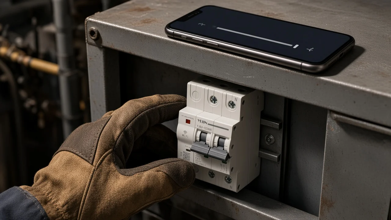 Remote phone control contrasted with local mechanical toggle on a DIN WiFi breaker