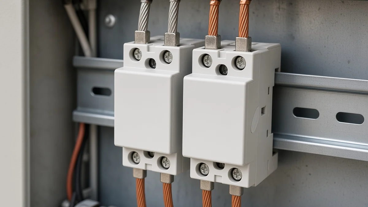 Two narrow modular AC contactors mounted side by side on the same DIN rail inside a metal enclosure