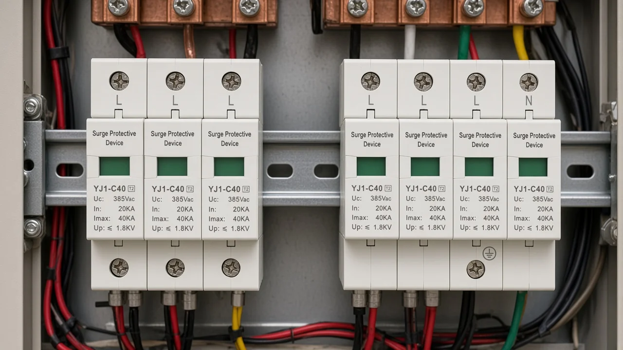 Three-pole versus four-pole DIN-rail SPD groups in one panel